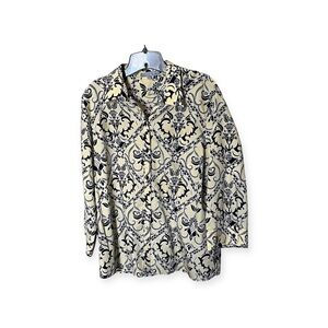 Foxcroft Cotton Yellow and Blue Print Wrinkle-Free Fitted Button Blouse Size 18